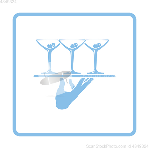 Image of Waiter hand holding tray with martini glasses icon