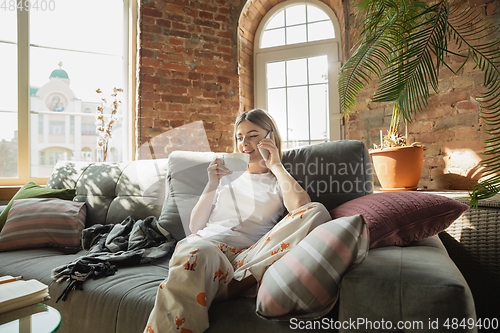 Image of Caucasian woman, freelancer during the work in home office while quarantine