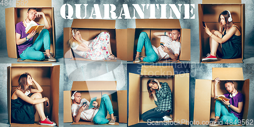 Image of People at quarantine because of coronavirus spreading - sitting inside little boxes, staying home concept