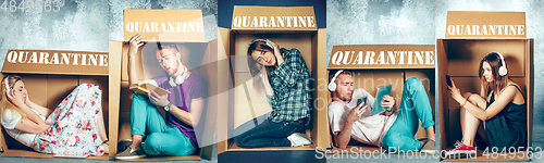 Image of People at quarantine because of coronavirus spreading - sitting inside little boxes, staying home concept