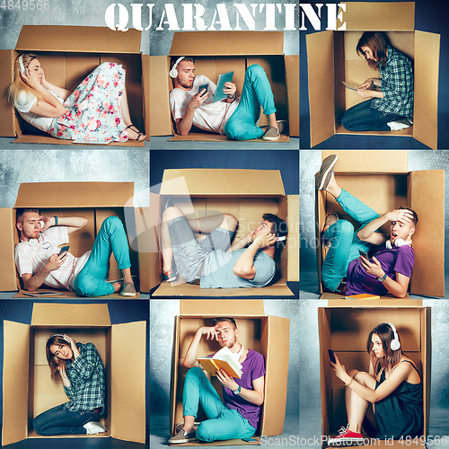 Image of People at quarantine because of coronavirus spreading - sitting inside little boxes, staying home concept