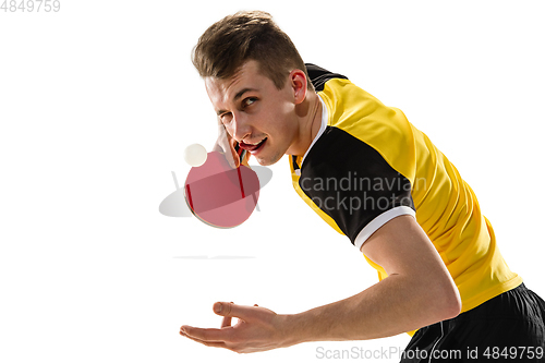 Image of Funny emotions of professional tablet tennis player isolated on white studio background, excitement in game