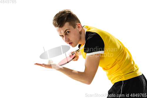 Image of Funny emotions of professional tablet tennis player isolated on white studio background, excitement in game