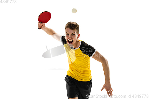 Image of Funny emotions of professional tablet tennis player isolated on white studio background, excitement in game