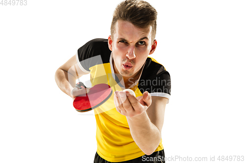 Image of Funny emotions of professional tablet tennis player isolated on white studio background, excitement in game