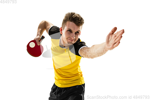 Image of Funny emotions of professional tablet tennis player isolated on white studio background, excitement in game