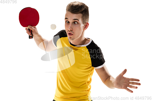 Image of Funny emotions of professional tablet tennis player isolated on white studio background, excitement in game