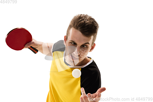 Image of Funny emotions of professional tablet tennis player isolated on white studio background, excitement in game