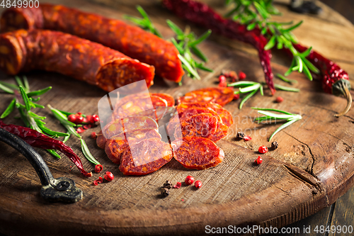 Image of Red Spanish chorizo sausage with herbs and spices 
