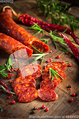 Image of Red Spanish chorizo sausage with herbs and spices 