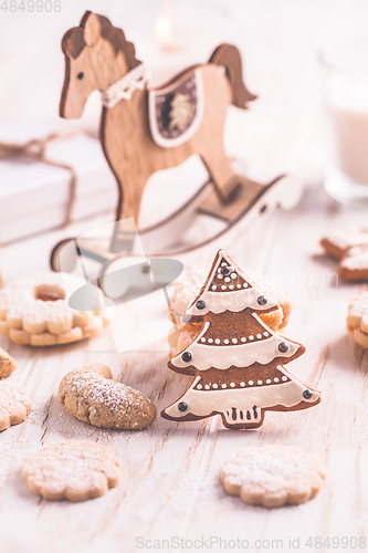 Image of Homemade Christmas gingerbread and cookies with Christmas balls 