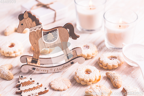 Image of Homemade Christmas gingerbread and cookies with Christmas balls and ornaments