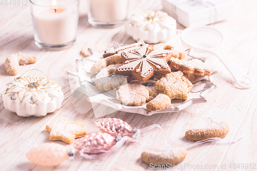 Image of Homemade Christmas gingerbread and cookies with Christmas balls 