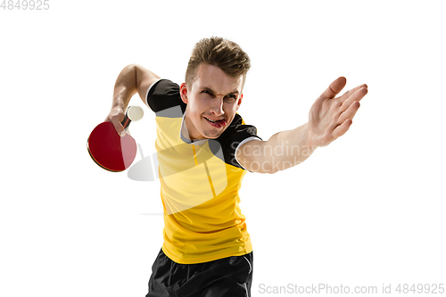 Image of Funny emotions of professional tablet tennis player isolated on white studio background, excitement in game