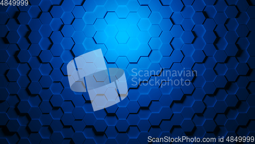 Image of 3D rendering of blue octagons background with light spot in center.