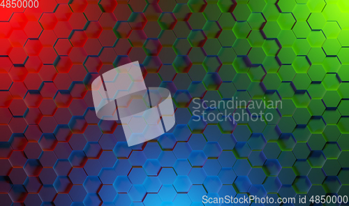 Image of 3D rendering of octagons background with red, green and blue light spots.