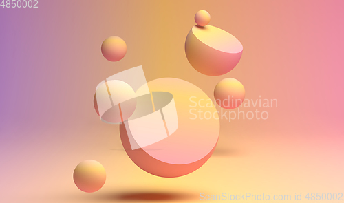 Image of 3D rendering of pastel color flying spheres with flat plane for text ot product advertising