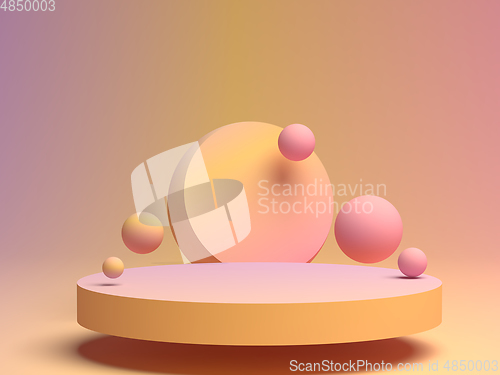 Image of 3D rendering of flying spheres with flat pedestal for product advertising