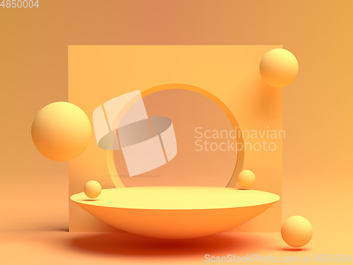 Image of 3D rendering of flying spheres with flat pedestal for product advertising