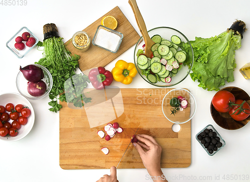 Image of hands chopping radish for salad at kitchen