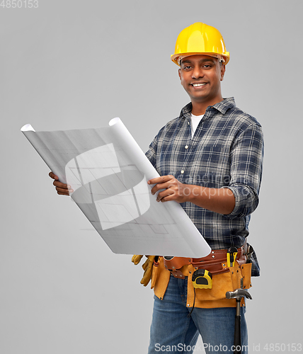 Image of happy indian builder in helmet with blueprint