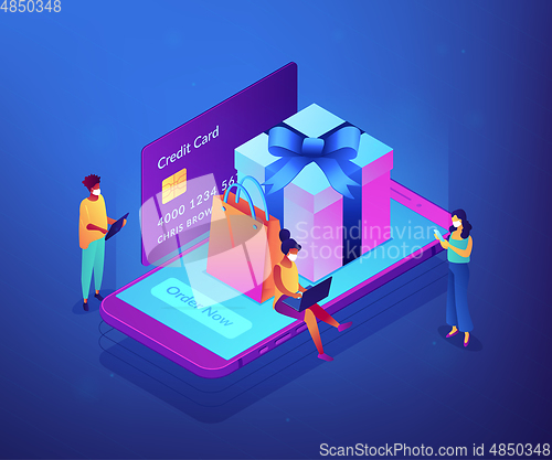 Image of Online gift purchase while global lockdown isometric 3D concept