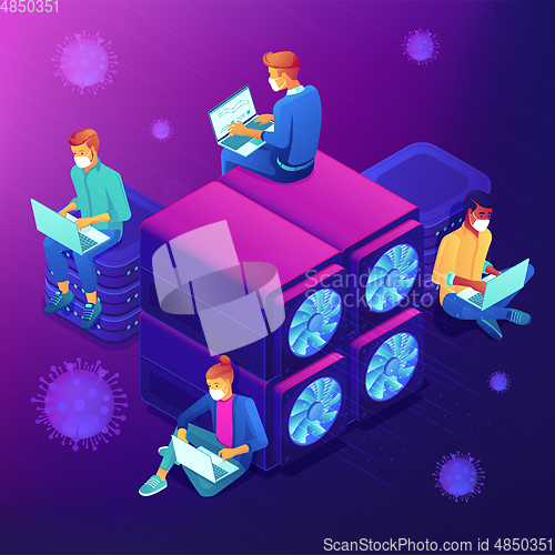 Image of Covid-2019 virus spread analysis abstract isometric concept.