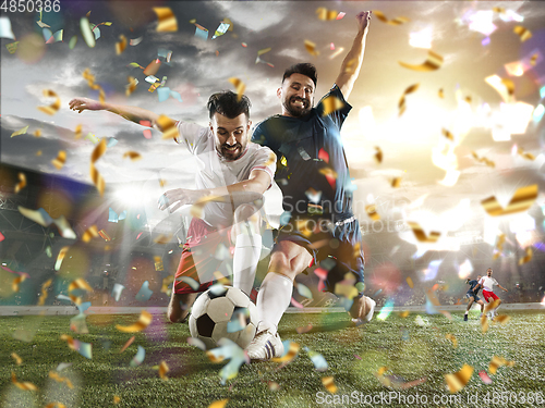 Image of Professional sportsmen caught in moment of winning and confetti flying, motion and action