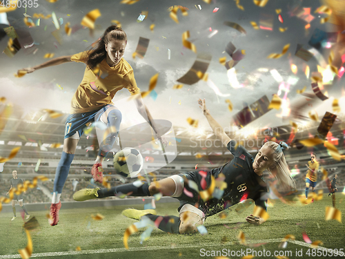 Image of Professional sportswomen caught in moment of winning and confetti flying, motion and action