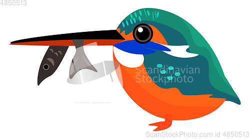 Image of Painting of a colorful kingfisher with a fish trapped in its bea