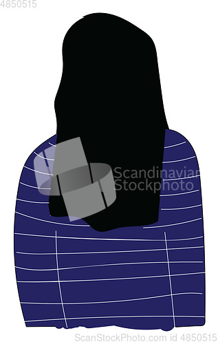 Image of Back of a girl with long black hair and blue sweater with white 