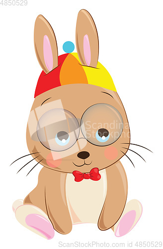 Image of Cartoon of a sad brown rabbit with a colorful hat vector or colo