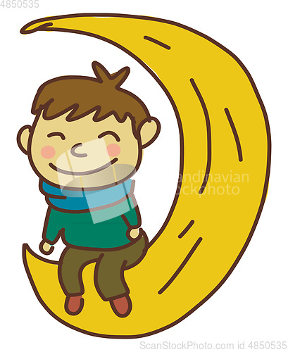 Image of A happy boy sitting at the moon, vector color illustration.