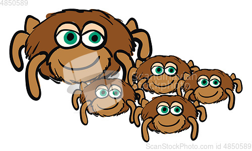 Image of Cute cartoon of a spider mom with her four spider children vecto