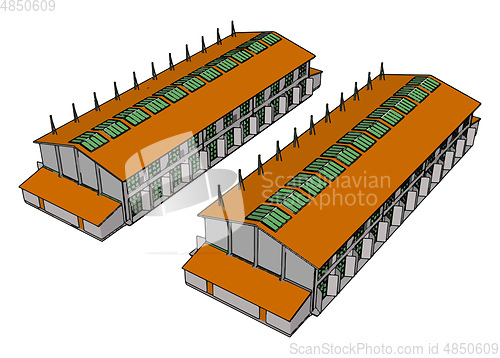 Image of Two green and orange large modern barns with open shuts and gree