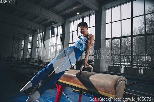 Image of Little male gymnast training in gym, flexible and active. Caucasian fit little boy, athlete in sportswear practicing in exercises for strength, balance.