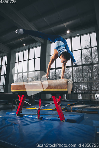 Image of Little male gymnast training in gym, flexible and active. Caucasian fit little boy, athlete in sportswear practicing in exercises for strength, balance.