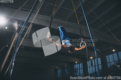 Image of Little male gymnast training in gym, flexible and active. Caucasian fit little boy, athlete in sportswear practicing in exercises for strength, balance.