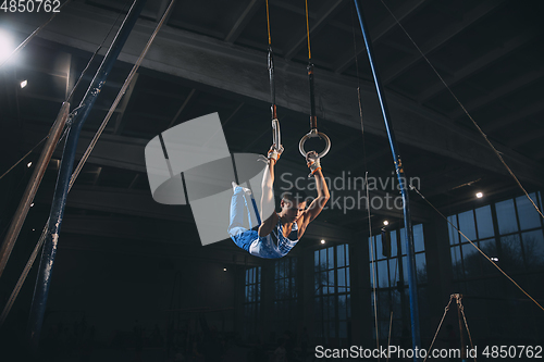 Image of Little male gymnast training in gym, flexible and active. Caucasian fit little boy, athlete in sportswear practicing in exercises for strength, balance.