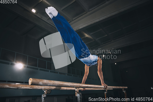 Image of Little male gymnast training in gym, flexible and active. Caucasian fit little boy, athlete in sportswear practicing in exercises for strength, balance.