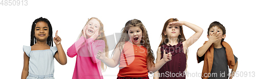 Image of Little and happy kids gesturing isolated on white studio background. Human emotions, facial expression concept