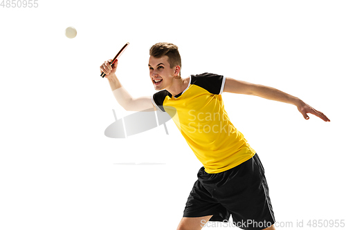 Image of Funny emotions of professional tablet tennis player isolated on white studio background, excitement in game