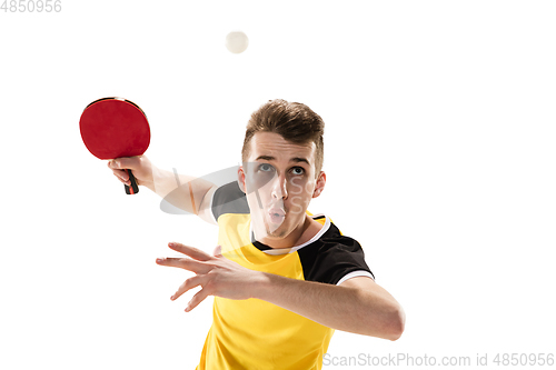 Image of Funny emotions of professional tablet tennis player isolated on white studio background, excitement in game