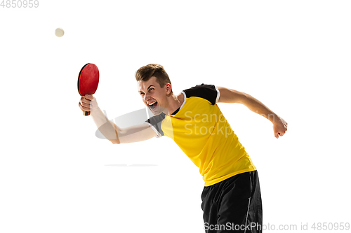 Image of Funny emotions of professional tablet tennis player isolated on white studio background, excitement in game