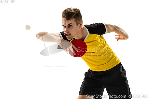 Image of Funny emotions of professional tablet tennis player isolated on white studio background, excitement in game