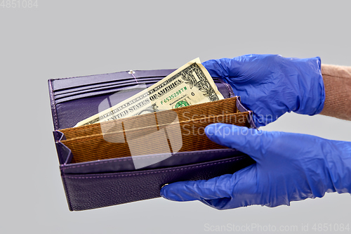 Image of close up of hands in gloves with empty wallet