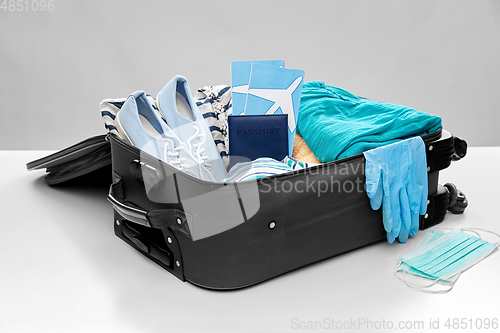 Image of travel bag packed with clothes, gloves and masks