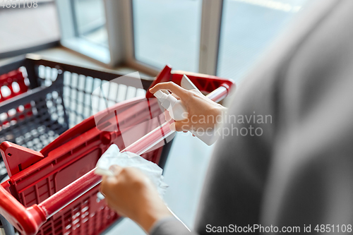 Image of woman cleaning shopping cart handle with sanitizer