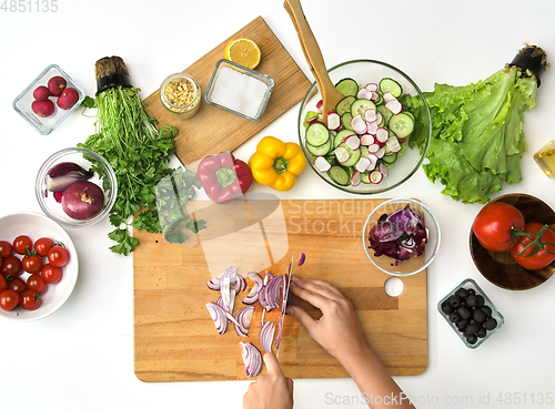 Image of young woman chopping red onion at kitchen