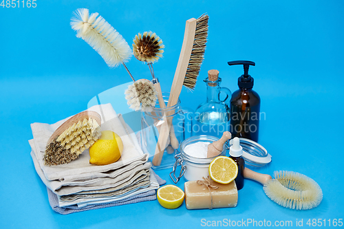 Image of lemons, soap, washing soda, vinegar and brushes